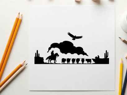 Western cowboy riding horse with sheep and eagle silhouette