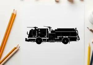 Fire truck silhouette with helicopter on top and hose