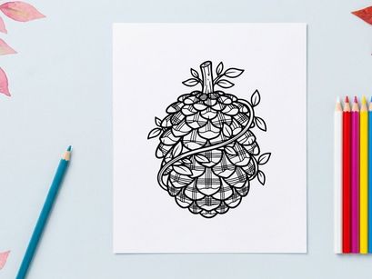 Detailed pine cone illustration for nature and botanical projects. Artistic botanical drawing of a pine cone with leaves and intricate line work.