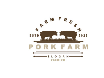 Pig Logo, Grilled Pork Pig Simple Rustic Stamp, Livestock Cattle Vector preview picture