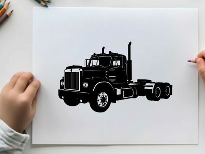 Silhouette of a large black semi truck on a white background