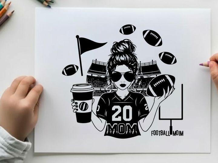 Football mom silhouette with footballs and coffee