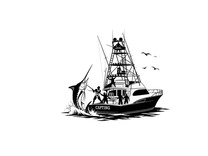 Silhouette of a fishing boat with a large catch and seagulls