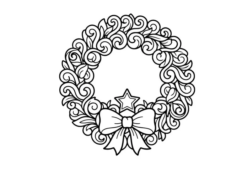 Christmas wreath coloring page with star and bow, festive holiday line art illustration.