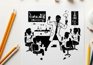 Silhouette of a teacher and students in a science classroom