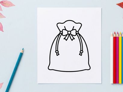 Weihnachtsgeschenk-Sack-Symbol. Weihnachtsmann-Präsentbeutel mit Schleifenband-Linienillustration.