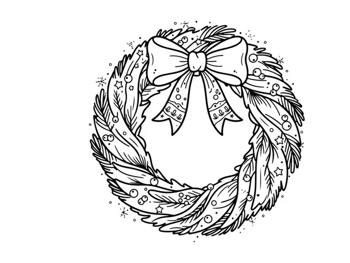 Weihnachtskranz-Linienkunst-Illustration mit dekorativer Schleife und festlichen Winterelementen