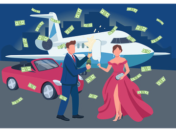 Wealthy couple opening champagne bottle flat color vector illustration preview picture