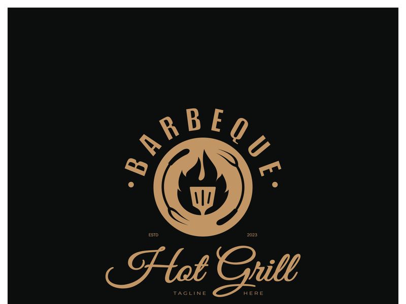 Simple Barbecue Vintage hot grill, with crossed flames and spatula. Logo for restaurant, badge, cafe and bar.vector
