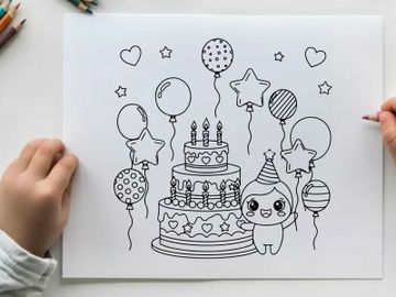 Birthday cake celebration with balloons and stars vector illustration preview picture