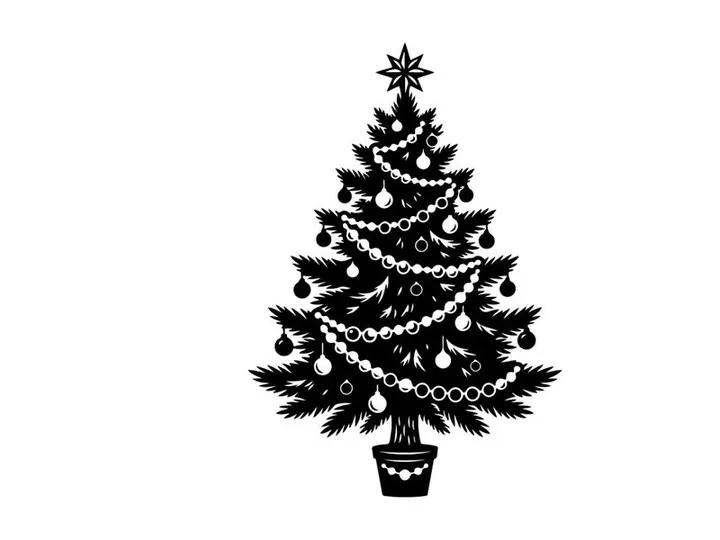 Ilustração de árvore de Natal em preto e branco com enfeites e estrela em fundo branco