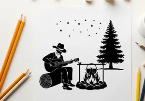 Silhouette of man playing guitar by campfire at night