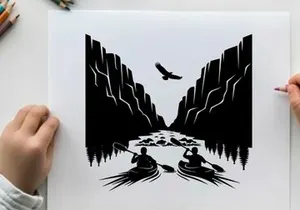 Kayakers in a canyon with a bird flying overhead silhouette