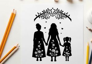 Mother and daughters silhouette under a tree with flowers