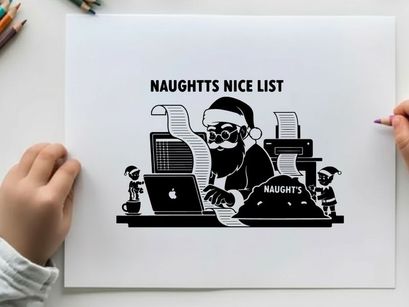 Santa claus checking naughty list on computer silhouette style image