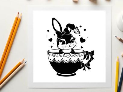 Adorable bunny silhouette in decorative teacup with butterfly