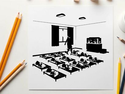 Silhouette of a person in a room with beds and silhouette