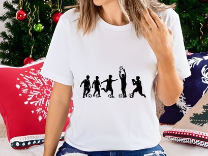 Silhouette of five soccer players in various actions with balls