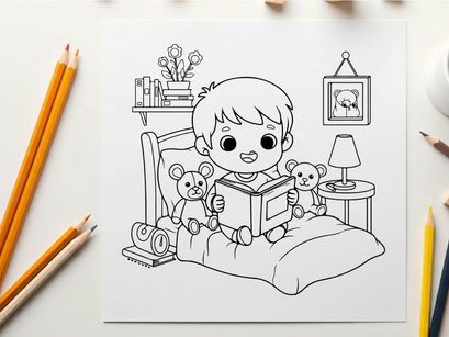 Cute child reading bedtime story with teddy bears vector illustration