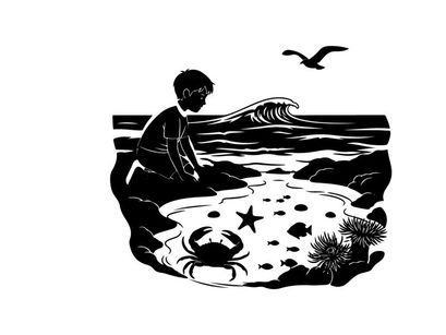 Boy exploring tide pool on rocky seashore by ocean waves