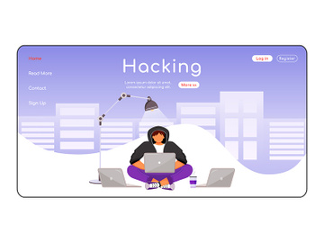 Computer hacking landing page flat color vector template preview picture