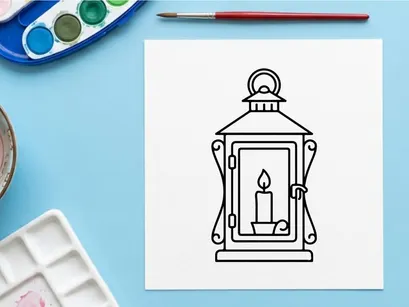 Vintage lantern with lit candle inside. Classic oil lamp icon for warmth and tradition.