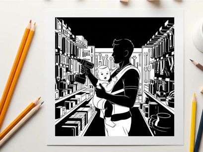 Silhouette of a man holding a gun and a baby in a store aisle silhouette
