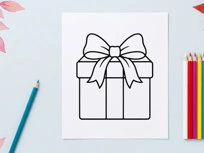 Christmas gift box icon with ribbon bow, simple black line art vector illustration