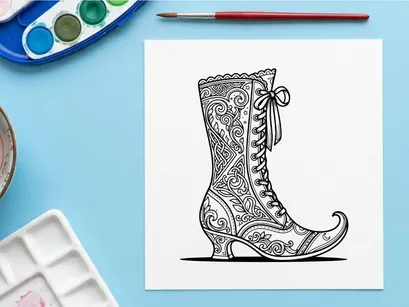 Elegant fantasy boot illustration for fashion design. Ornate gothic footwear with intricate lace patterns and curled toe detail.