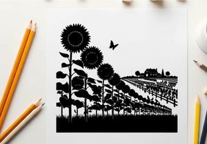 Sunflower field silhouette with farmhouse and butterfly