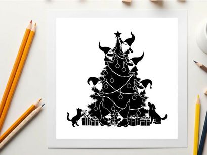 Black silhouette of a christmas tree with cats and presents