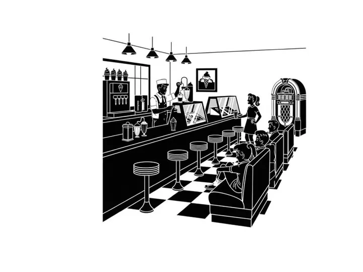Silhouette of a classic american diner with booths and a long counter