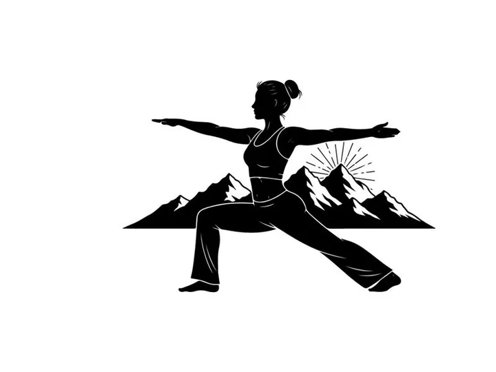 Silhouette of woman in yoga pose with mountain range silhouette