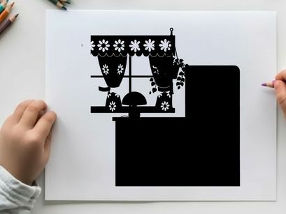 Silhouette of kitchen appliances and window with curtains