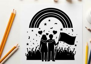 Silhouette of a couple celebrating with a rainbow and crowd