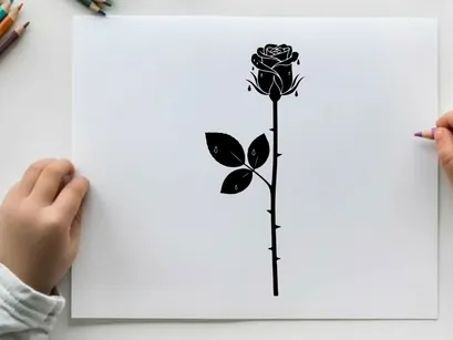 Silhouette of a single black rose on white background