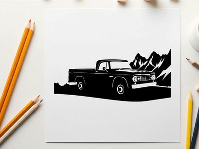Silhouette of a vintage pickup truck in front of mountains