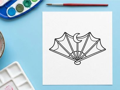 Halloween bat wing hand fan icon. Gothic folding fan with crescent moon symbol.