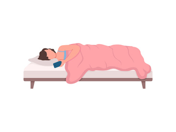 Girl with smartphone in bed flat color vector faceless character preview picture