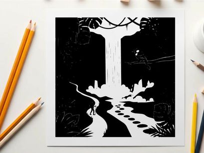 Silhouette of a person approaching a waterfall in a mystical forest