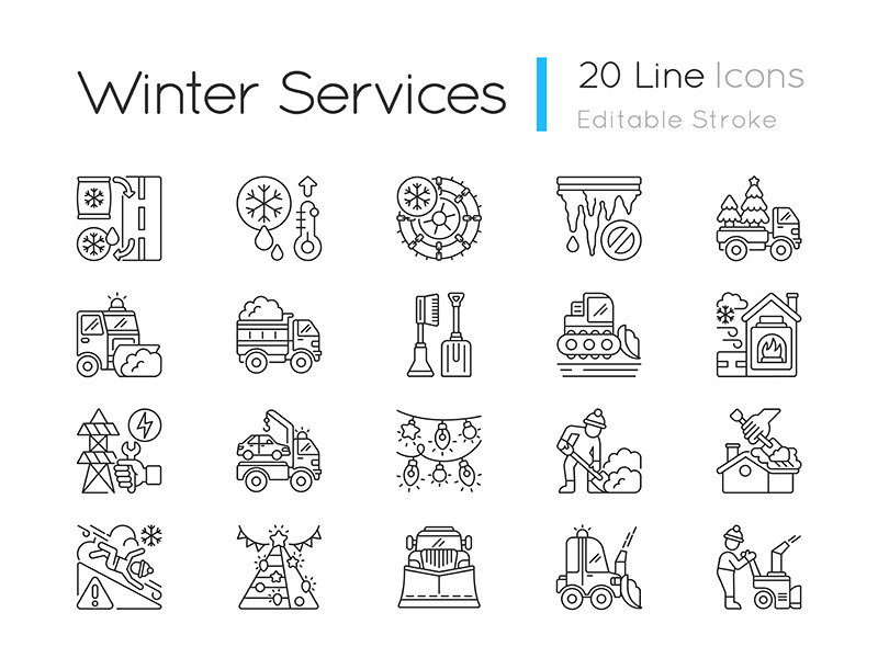 Snow removing services linear icons set