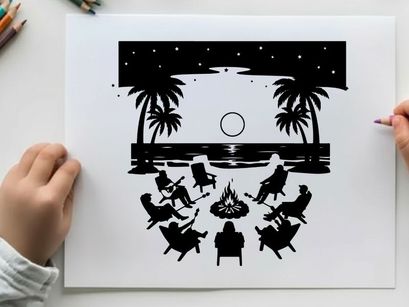 Silhouette of people gathered around campfire on beach at night