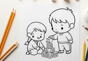 Children learning alphabet blocks vector illustration flat design