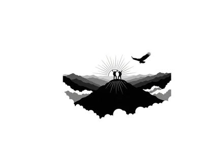 Silhouette of lovers on mountain peak with bird and sun silhouette