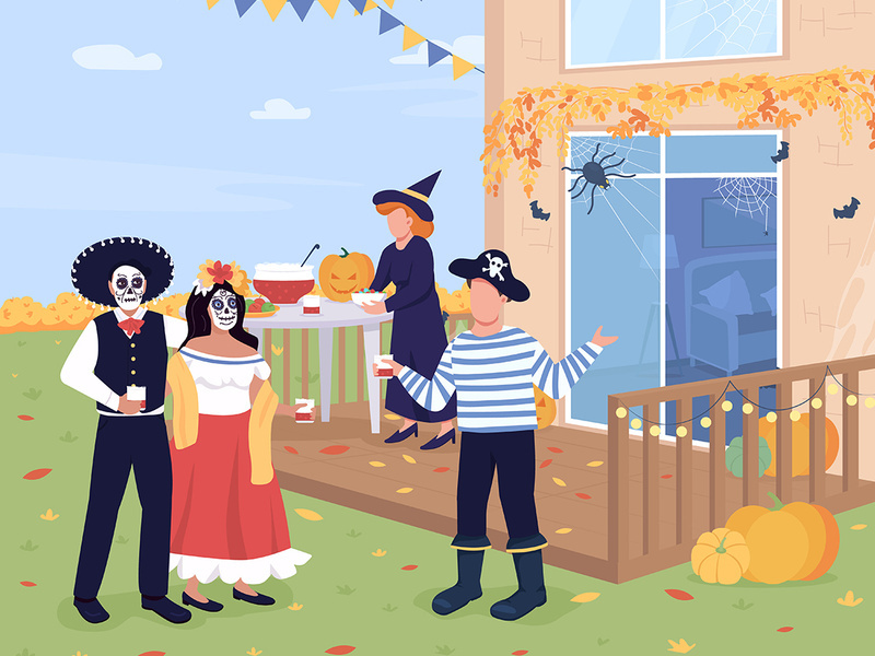 Halloween party in backyard flat color vector illustration