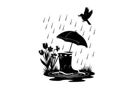 Silhouette of bird umbrella and rainy day scene