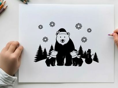 A polar bear family silhouette in winter wonderland scene