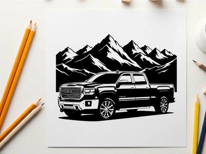 Silhouette of a pickup truck in front of mountains