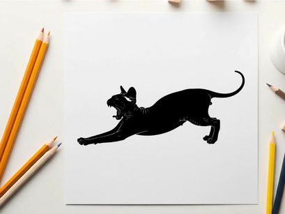 Black silhouette of a panther in mid pounce on white background