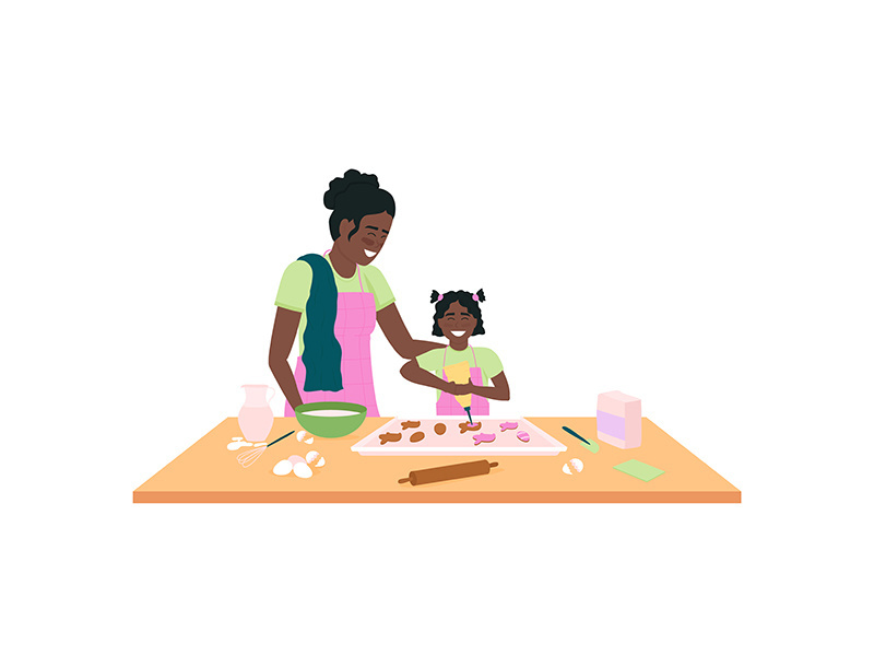 African american mother and daughter baking easter cookies flat color vector detailed character